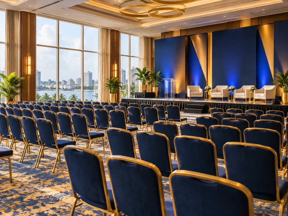 Illustration : Salle de conférence préparée pour un événement professionnel.