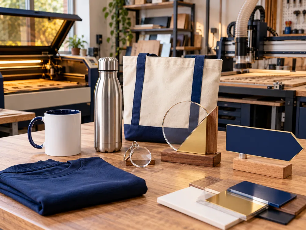 Illustration : Objets personnalisables et machines de fabrication numérique dans un atelier.