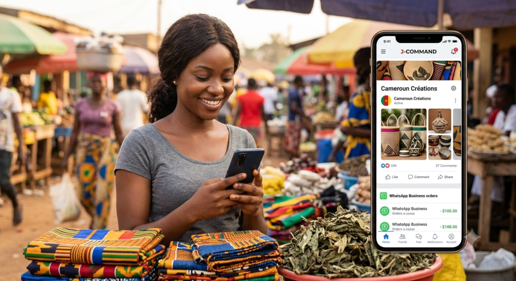 Propulsez Votre Entreprise : Pourquoi J-COMMAND est Votre Partenaire Indispensable 1 ILLUSTRATION 1 : Une jeune entrepreneuse camerounaise dans un marché animé (ex : Douala), souriant à son téléphone qui affiche un tableau de bord de présence digitale J-COMMAND (Cameroun Créations) bien géré, avec des visuels de produits locaux et des métriques d'engagement