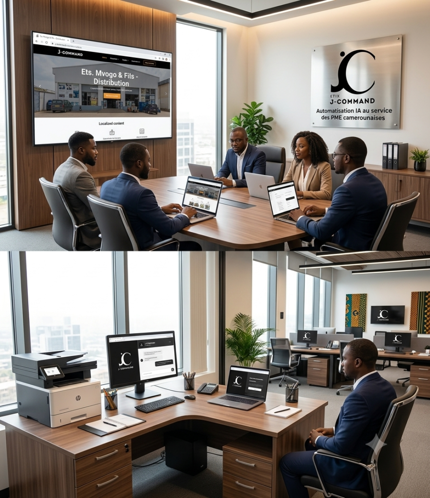 [ILLUSTRATION 3 : Un bureau d'entreprise camerounais moderne et bien équipé. La salle de conférence montre une équipe camerounaise collaborant, avec un grand écran diffusant un site web J-COMMAND responsive pour une PME locale ('Ets. Mvogo & Fils'). Un bureau d'angle est équipé d'une imprimante J-COMMAND et d'un écran affichant un chatbot J-COMMAND. Un panneau mural avec le logo J-COMMAND et le slogan 'Automatisation IA au service des PME camerounaises' est visible.]